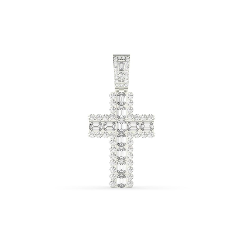 EMERALD, BAGUETTE AND ROUND DIAMOND ICED OUT CROSS HIP HOP PENDANT