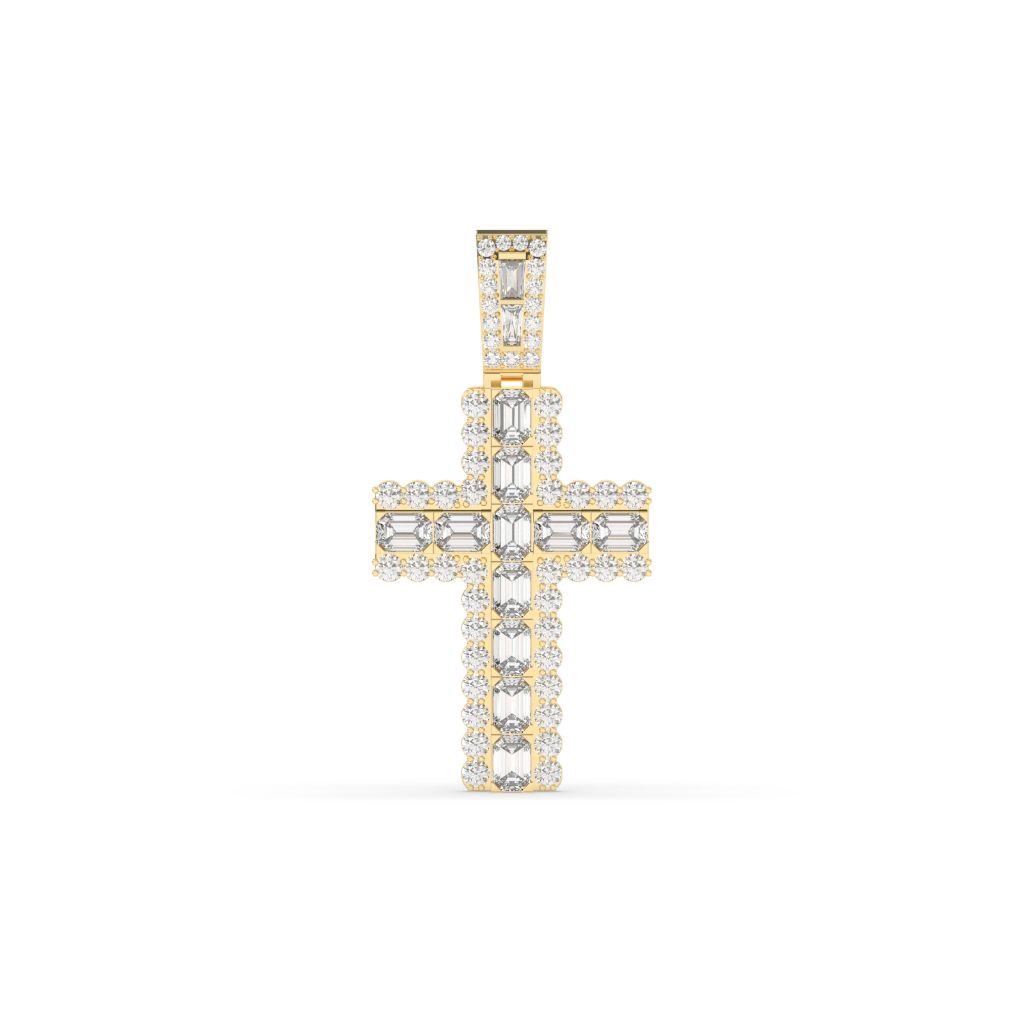 EMERALD, BAGUETTE AND ROUND DIAMOND ICED OUT CROSS HIP HOP PENDANT