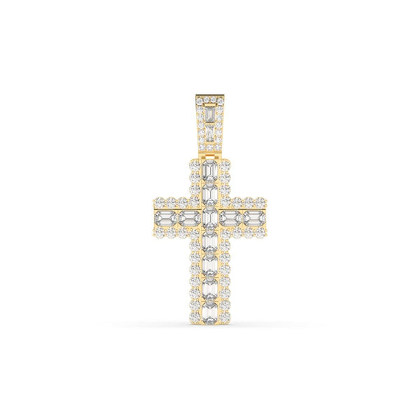EMERALD, BAGUETTE AND ROUND DIAMOND ICED OUT CROSS HIP HOP PENDANT