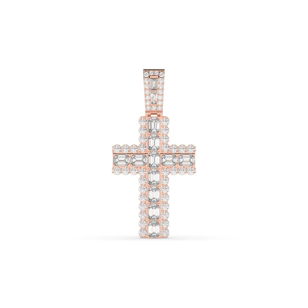 EMERALD, BAGUETTE AND ROUND DIAMOND ICED OUT CROSS HIP HOP PENDANT