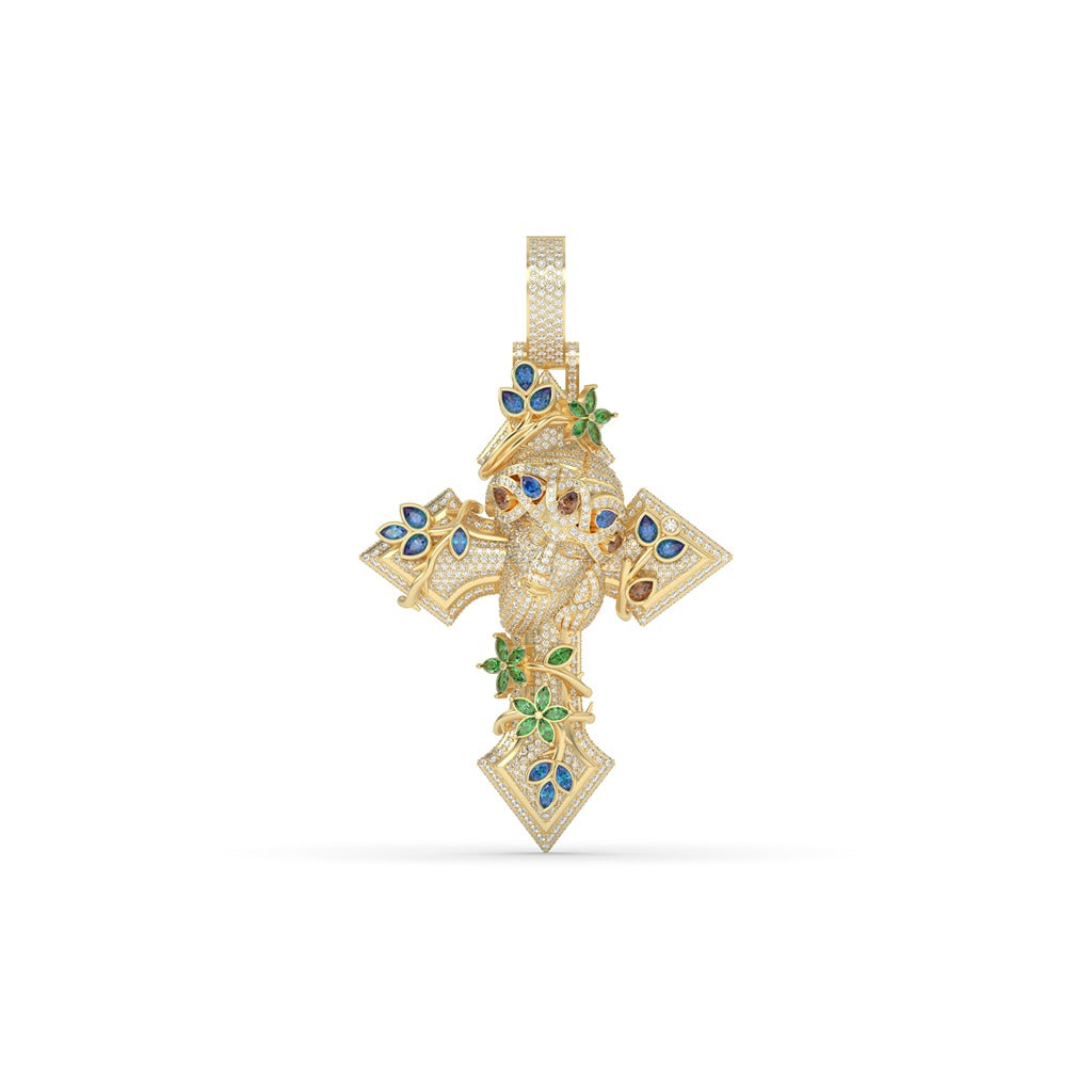 FANCY SHAPE GEMS STONE AND ROUND DIAMOND ICED OUT JESUS HIP HOP PENDANT
